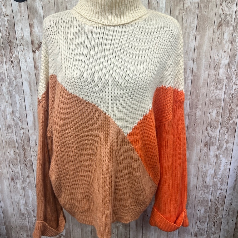 Pink Lily‎ Cream and Orange Cowl Neck Sweater with Asymmetrical Design